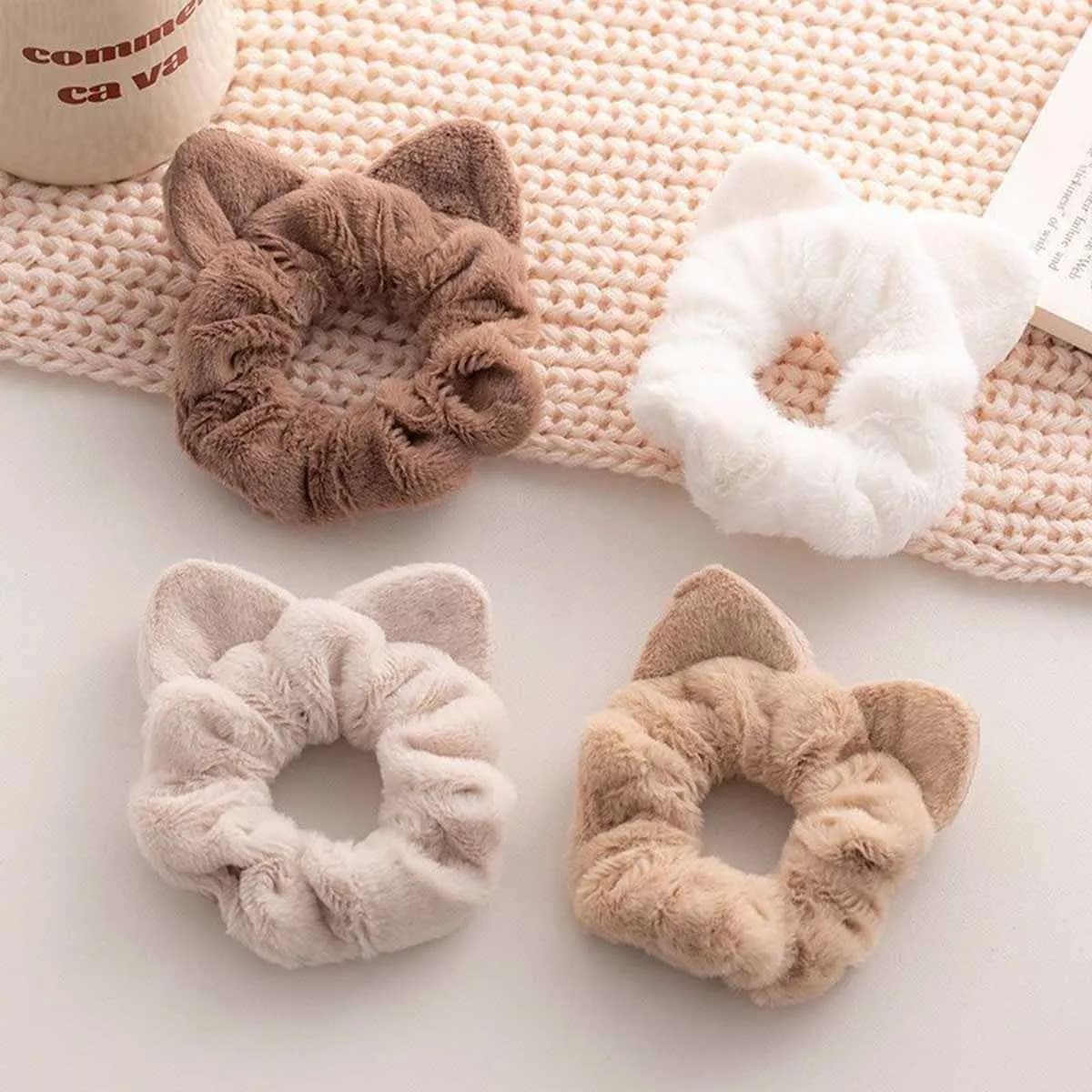 4 pezzi autunno e inverno orecchio peluche intestino crasso anello per capelli, carino intestino grasso peloso testa corda fascia in pelle ornamento per capelli