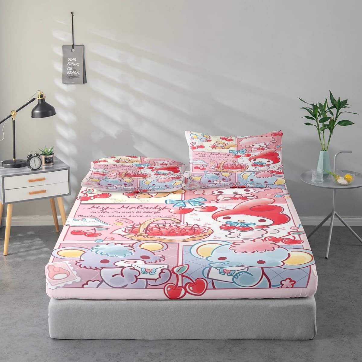 Set di lenzuola con stampa digitale ad alta definizione in 3 pezzi, edizione My Melody 50th Anniversary, set di lenzuola con stampa floreale grande, include 1 lenzuolo con angoli + 1/2 federa, adatto per camera da letto, camera degli ospiti, decorazioni per la casa, lenzuolo con angoli in fibra di poliestere + federa, biancheria da letto ultra morbida, tessuto spesso e ultra morbido, confortevole per tutte le stagioni, lavabile in lavatrice