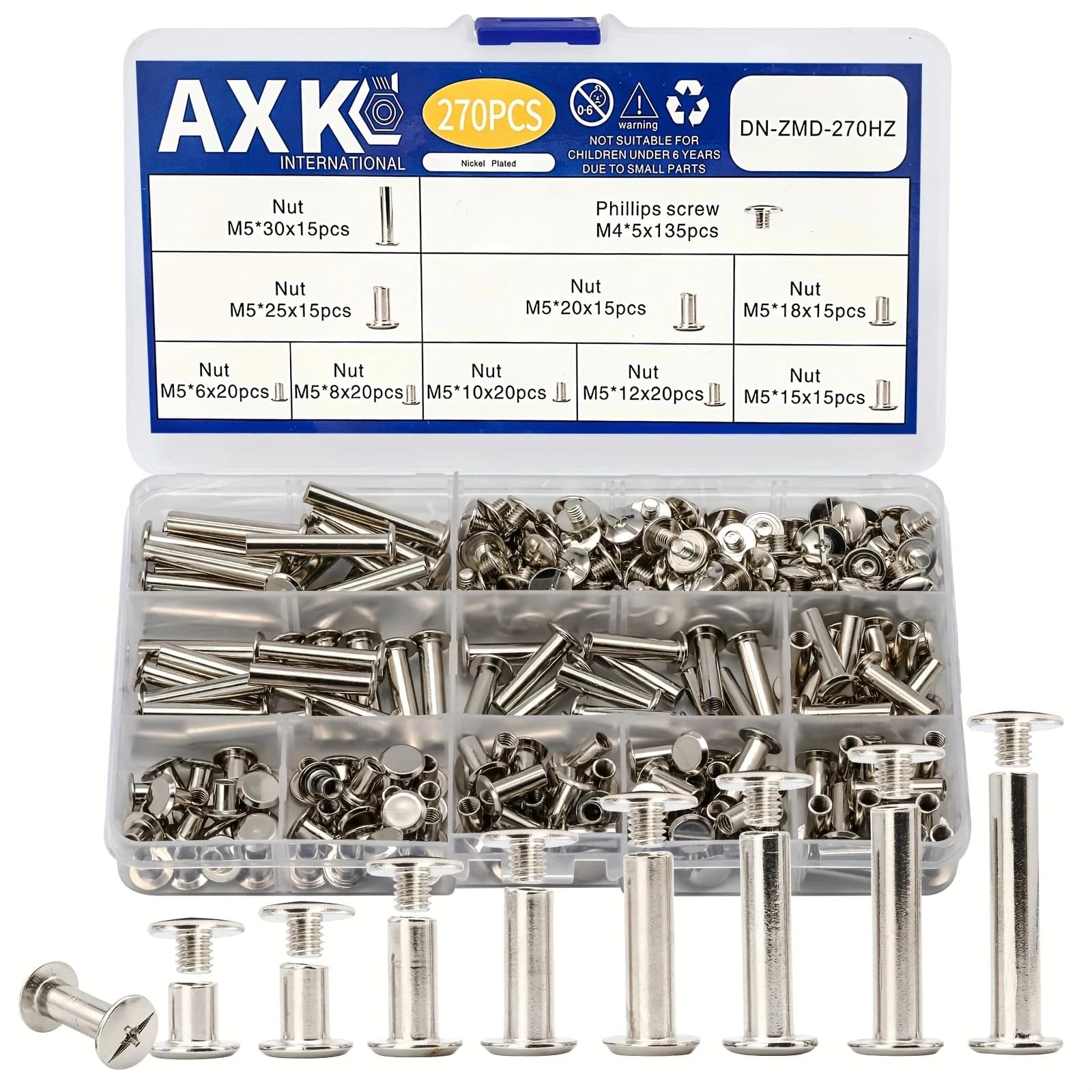 270Pcs Nickel Plated Bookbinding Screws Kit, Phillips Head Rivet Assortment for Leather Craft DIY Scrapbook Album Binding Repair