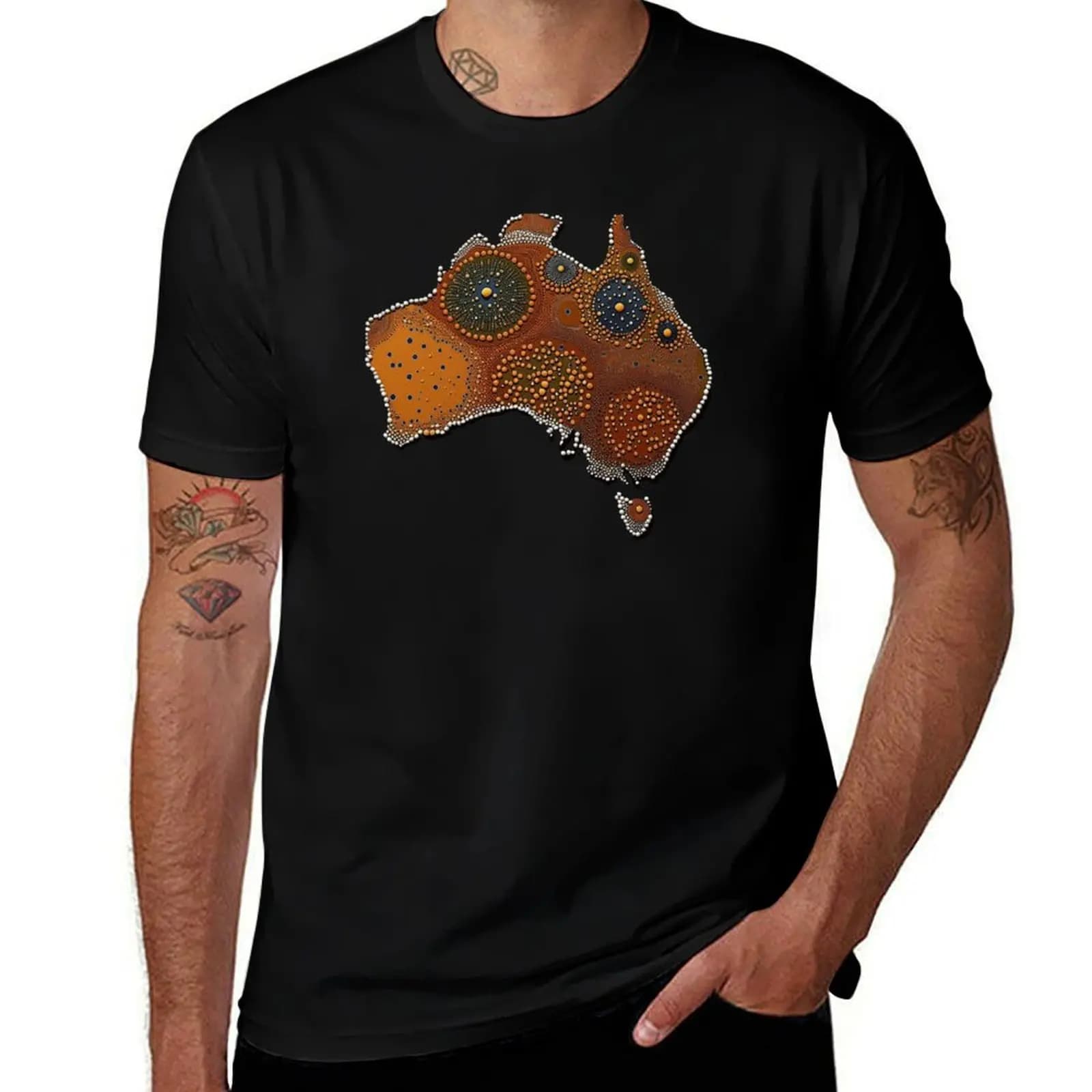 T-shirt con arte a punti aborigena, opera d'arte nativa australiana, top casual traspirante a maniche corte