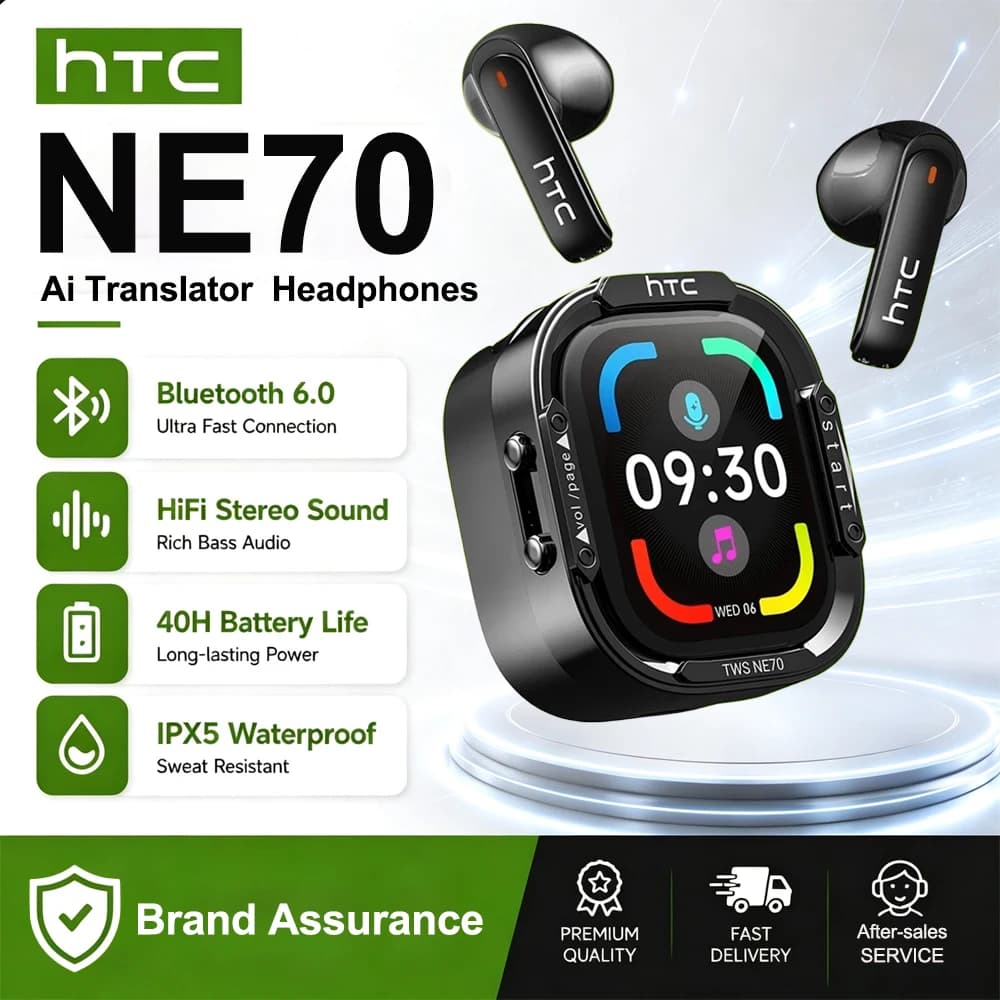 Auricolari Bluetooth Wireless HTC NE70 con Touch Screen, TWS In-Ear, Traduzione AI, Riduzione del Rumore, Cuffie da Gioco con Microfono