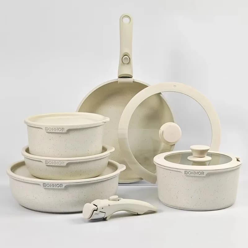 Set di pentole in alluminio pressofuso da 5 pezzi e 17 pezzi, padella con manico rimovibile con coperchio in vetro