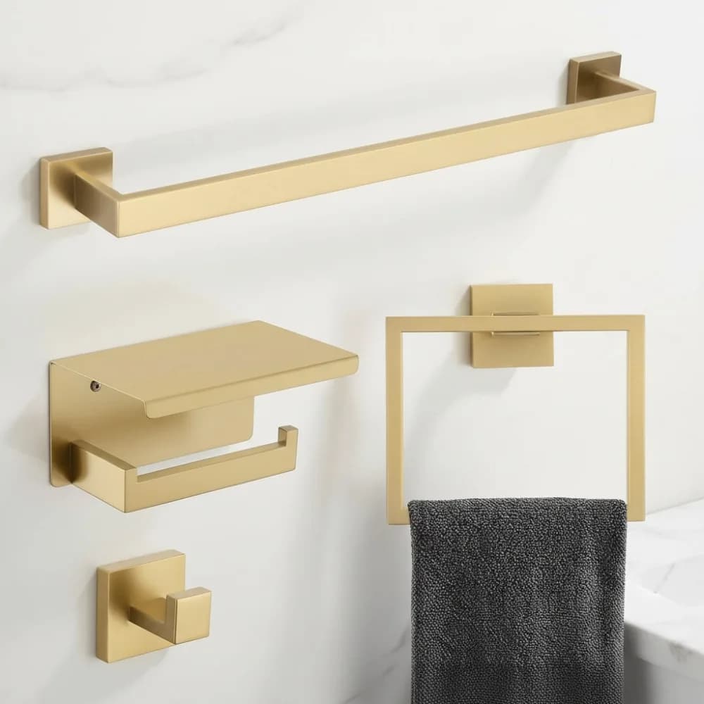 Set di accessori da bagno da 4 pezzi in oro spazzolato premium, porta asciugamani in acciaio inossidabile, ripiano per carta igienica