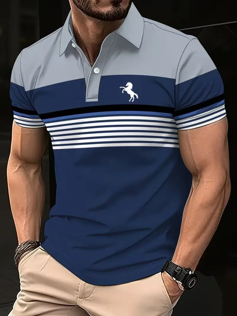Polo da uomo con stampa digitale 3D a righe colorate, polo estiva a maniche corte con risvolto, abbigliamento casual da uomo per affari.