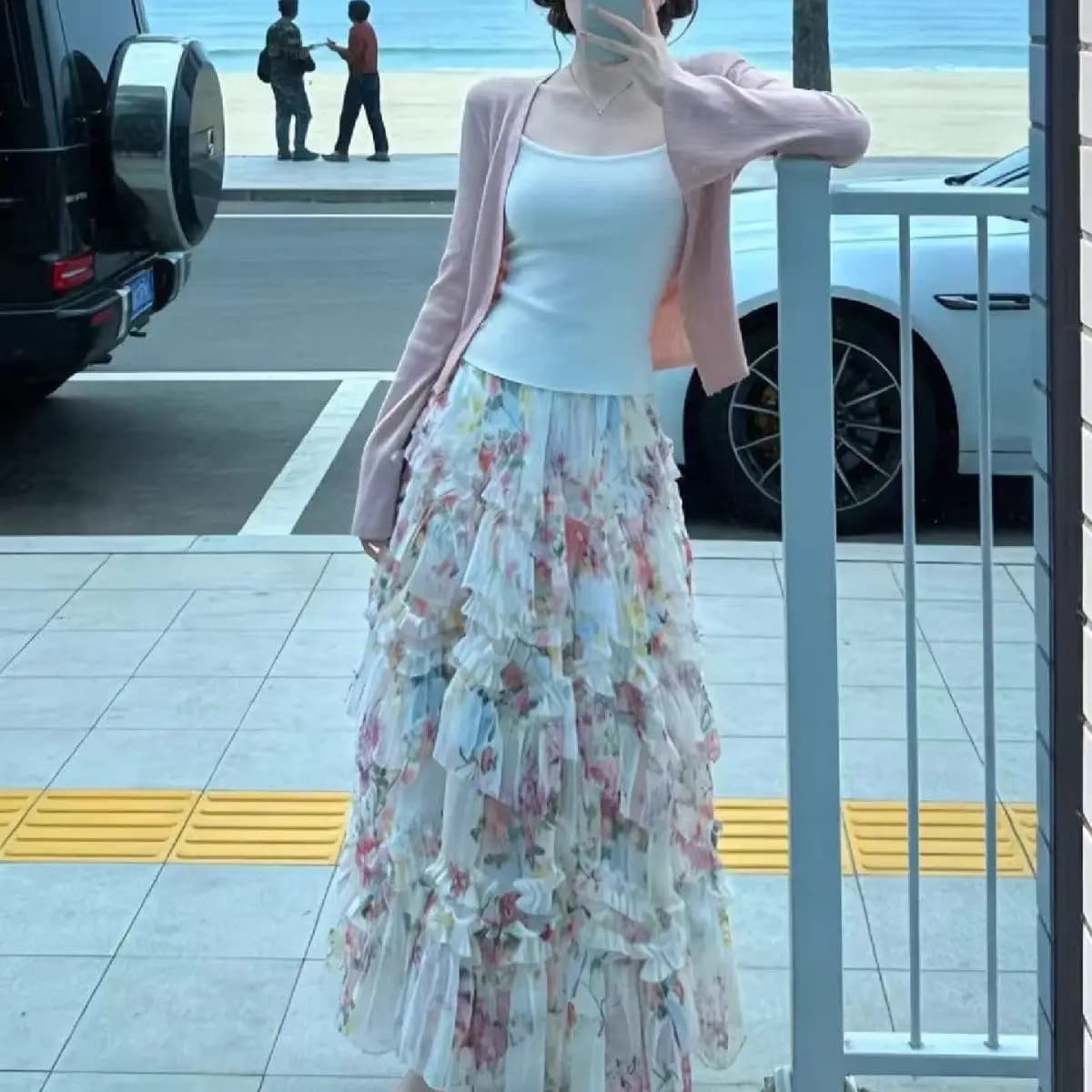 Delicate Floral Knitted Cardigan And Halter Top High Waist Skirt Set Women's Casual Polyester Spring Summer Outfit