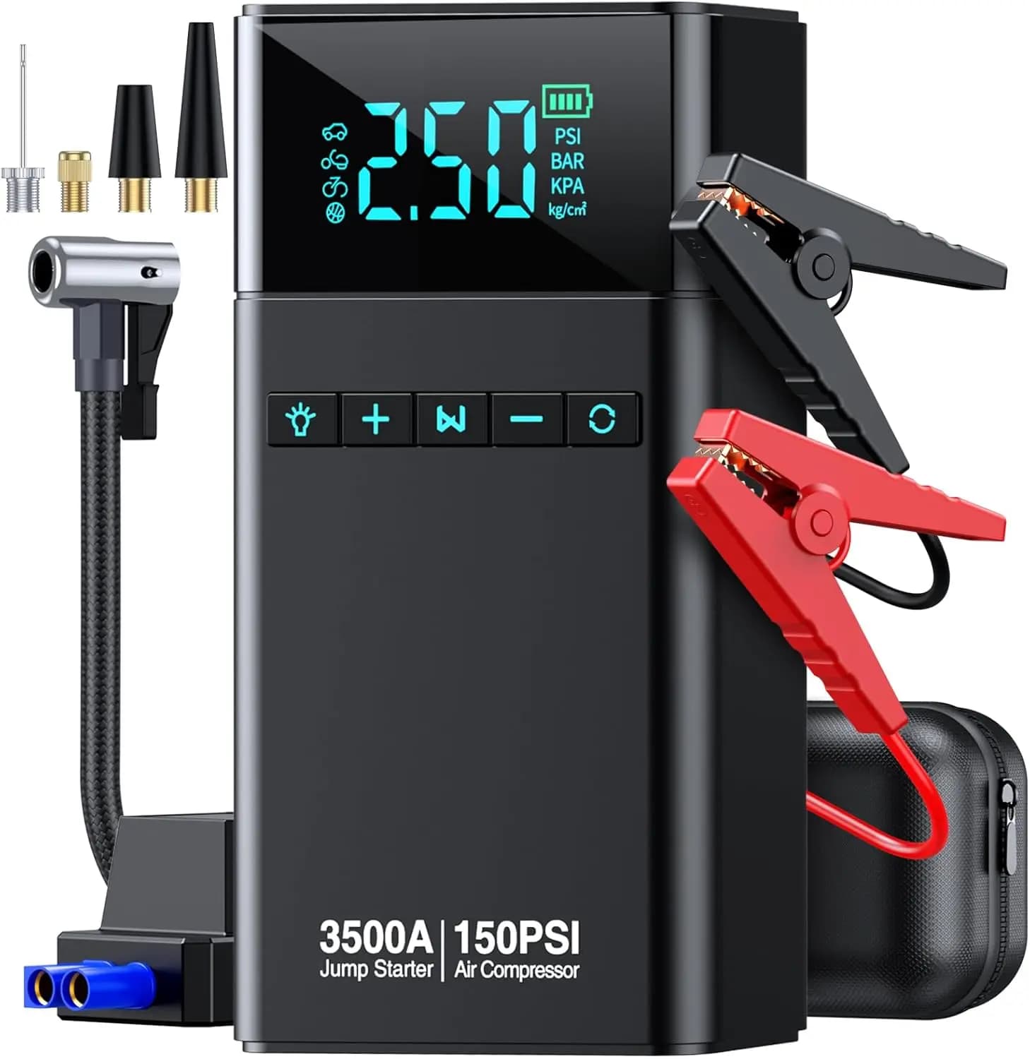Avviatore di emergenza per auto portatile 10 in 1 con compressore d'aria, 3500 A 150 PSI, scatola di emergenza 12 V per auto a gas e diesel
