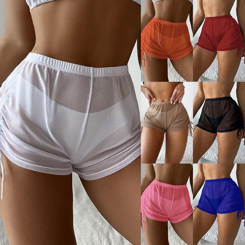 Pantaloncini da spiaggia Sexy trasparenti copricostume da bagno in rete costume da bagno femminile con coulisse costume da bagno da spiaggia per donna costume da bagno estivo