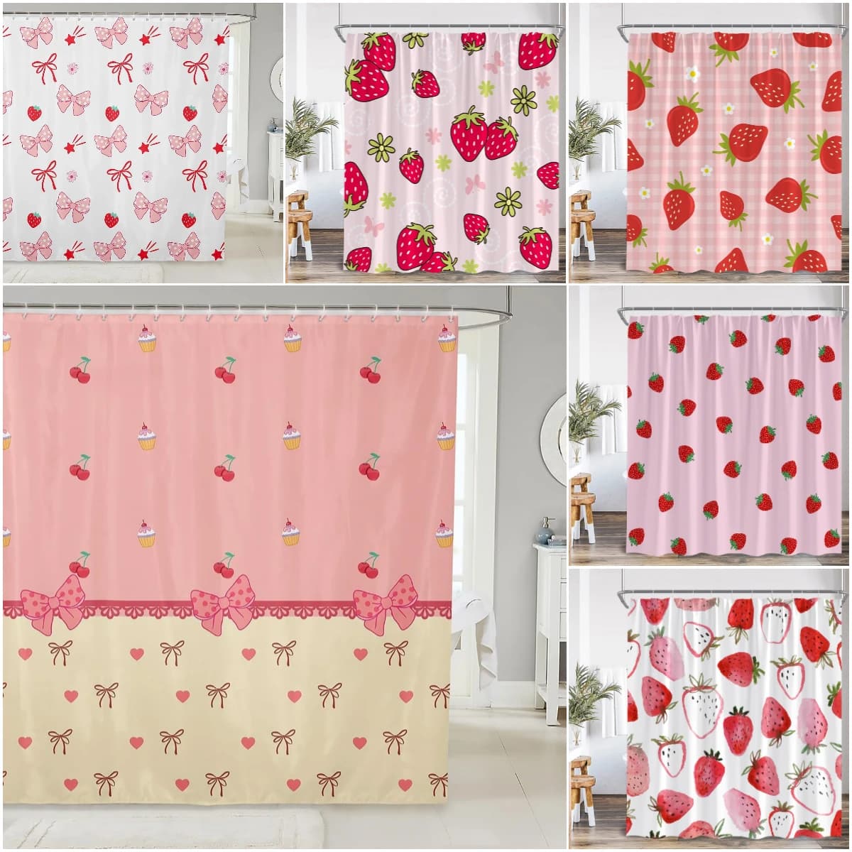 Strawberry Girl Pink Shower Curtain Bathroom Decor Fruit Summer Kids Bowknot Pattern Chic Modern Woman Polyester Bathtub Curtain