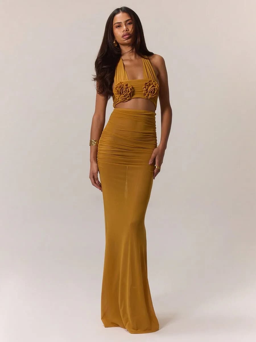 Elegant Halter Neck Floral Patched Maxi Dress For Summer Vacation Wedding Guest
