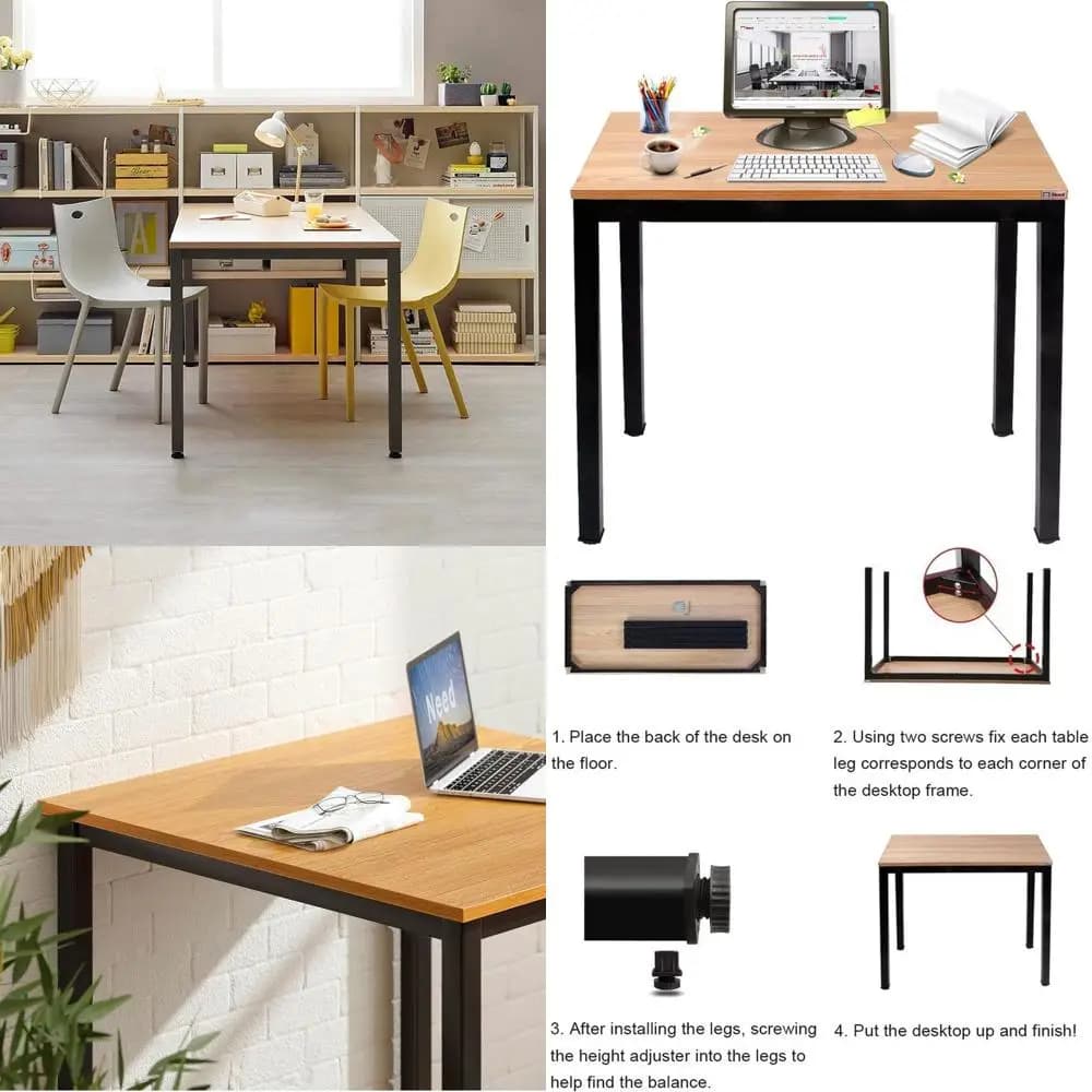 Scrivania compatta in teak per casa e ufficio: lunghezza 31,5, scrivania per laptop e giochi per studenti, cornice nera AC3BB(8060)
