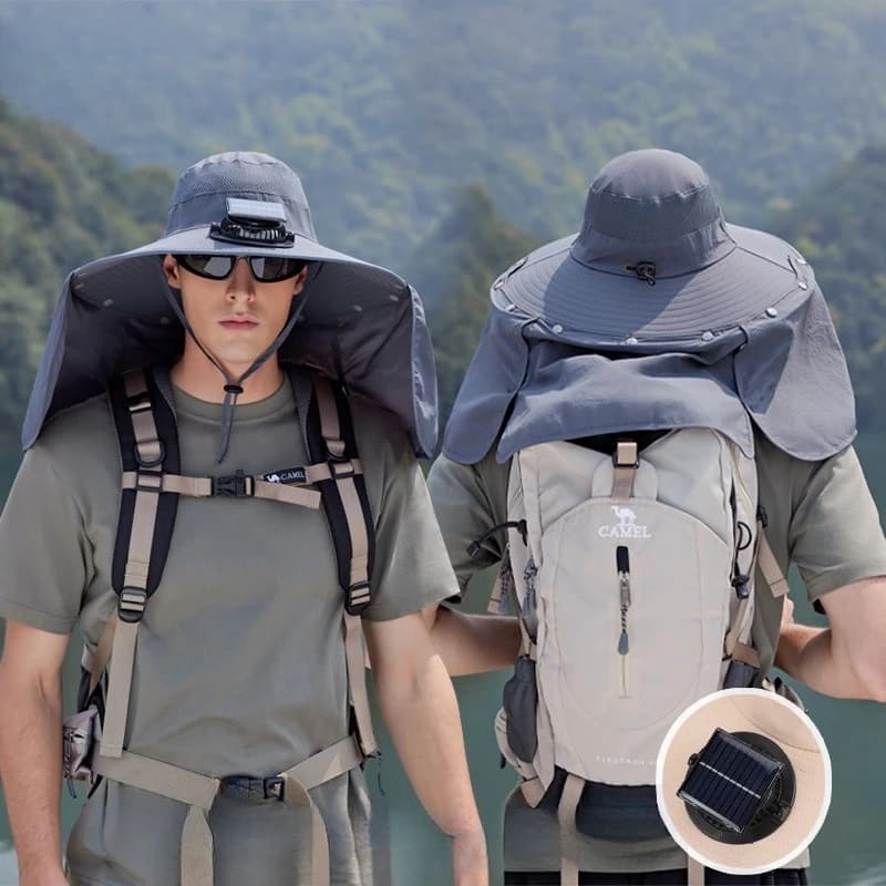 Wide Brim Sun Hat with Fan Outdoor Solar Powered Charging Fishing Hat with Neck Flap for Men Women