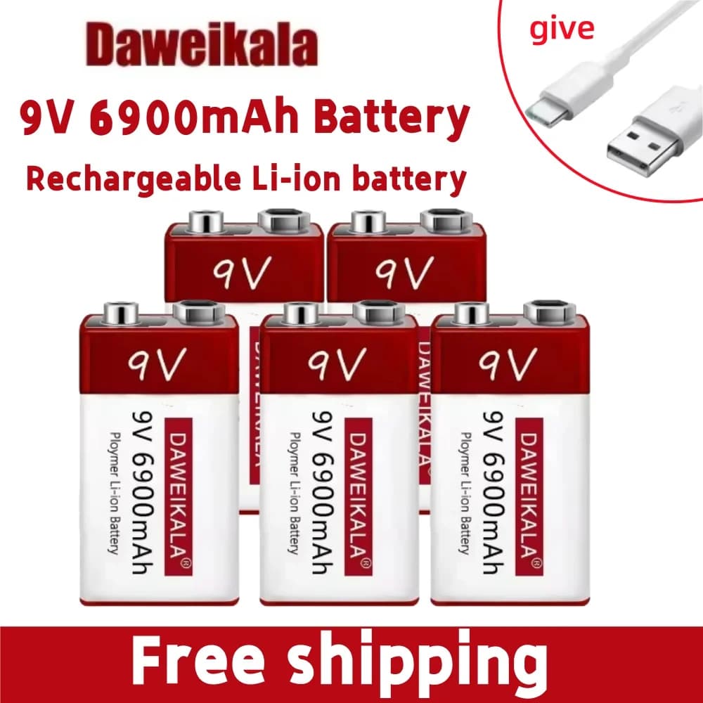New 9V 6900mah rechargeable battery lithium ion type-C USB multimeter lithium microphone metal detector + cable