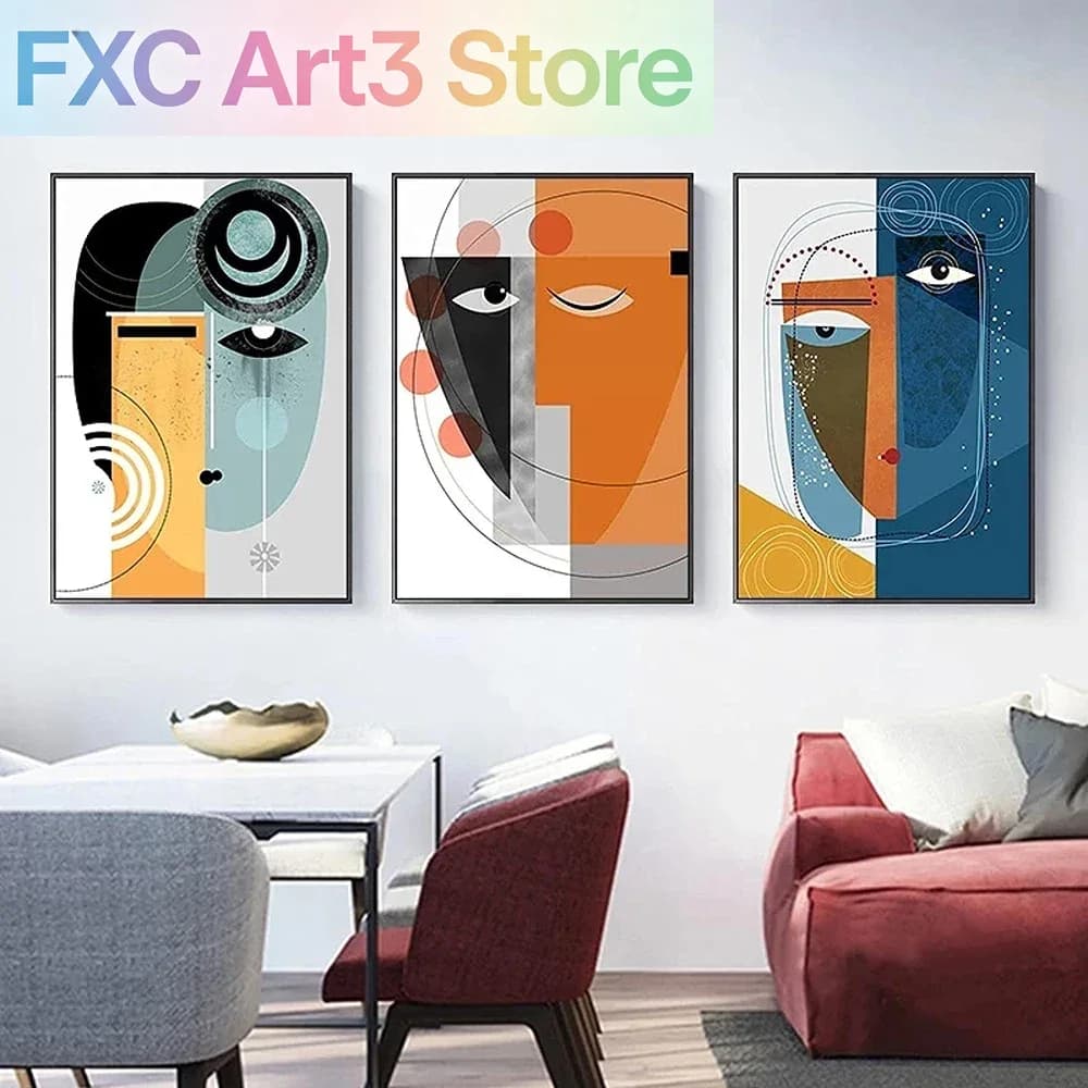 Set di 3 Quadri Senza Cornice con Volto Femminile Astratto Geometrico, Poster Artistico Stile Picasso, Opere d'Arte Moderne per Soggiorno e Casa