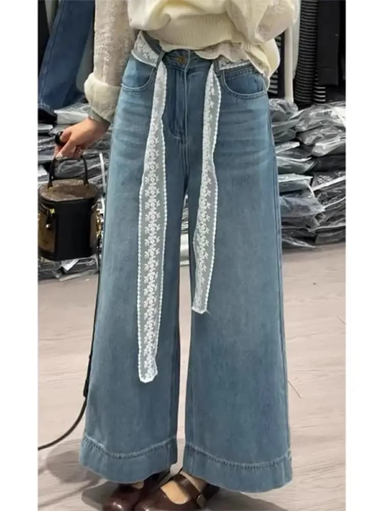 Blue High Waist Wide Leg Denim Jeans Women Summer plus Size Loose Fit Slimming Lace Pants Casual Sle Zipper Closure Long Tr...
