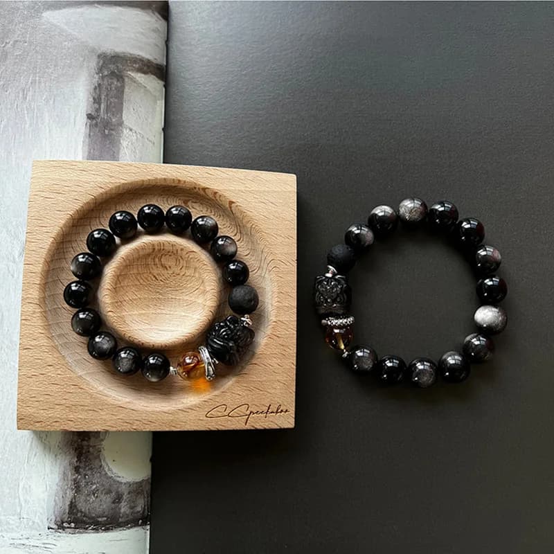 Anello in argento con bracciale in ossidiana a colori contrastanti, gioielli di alta gamma da uomo, accessori versatili per coppie con motivo leone danzante, nuovi gioielli di nicchia semplici da donna