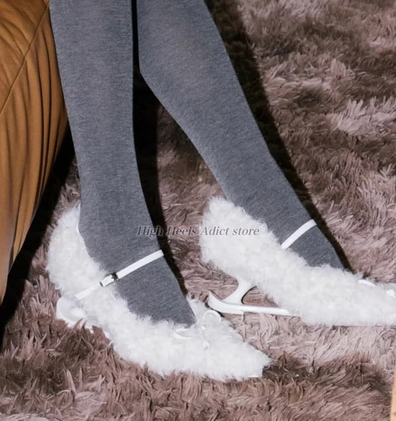 Women‘s black/white/brown fur wedges pumps sexy strange style pointy toe bow luxury designer high heels party cosplay shoes