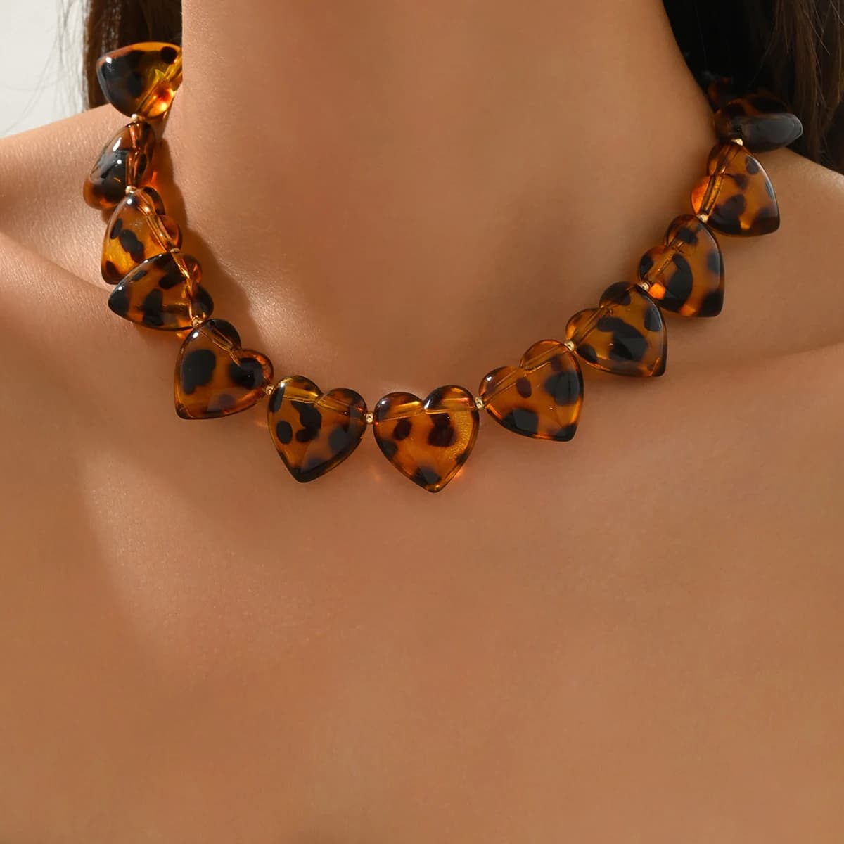 Leopard Print Heart Beaded Choker Necklace for Women Boho Adjustable Summer Fashion Jewelry
