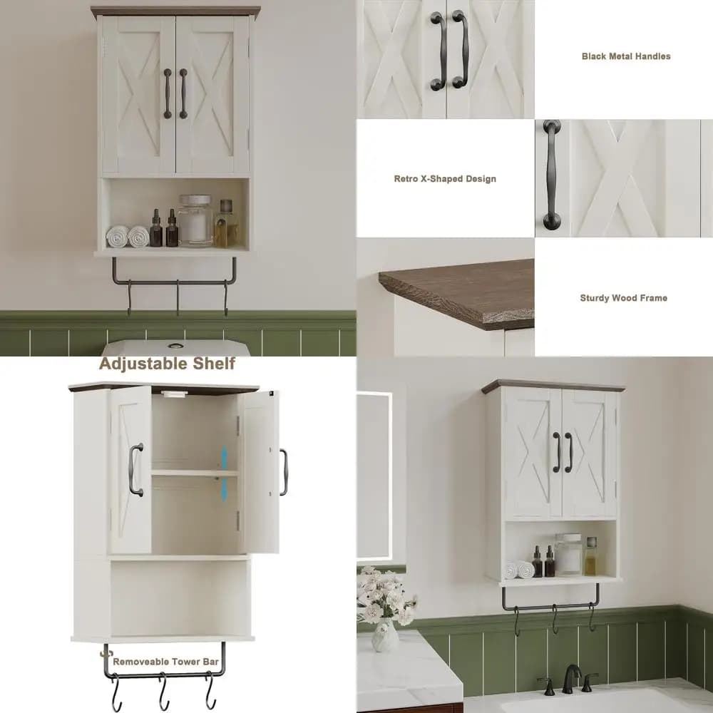 Mobiletto da bagno sopra il WC con ripiani regolabili, portasciugamani e 3 ganci, bianco antico e marrone