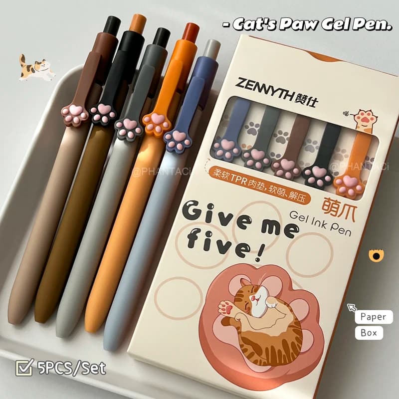 Set di 5 Penne Gel a Forma di Zampa di Gatto per Studenti, Penna Nera da 0,5mm, Design Creativo con Clip, Penna per Scrittura, Forniture per Scuola e Ufficio