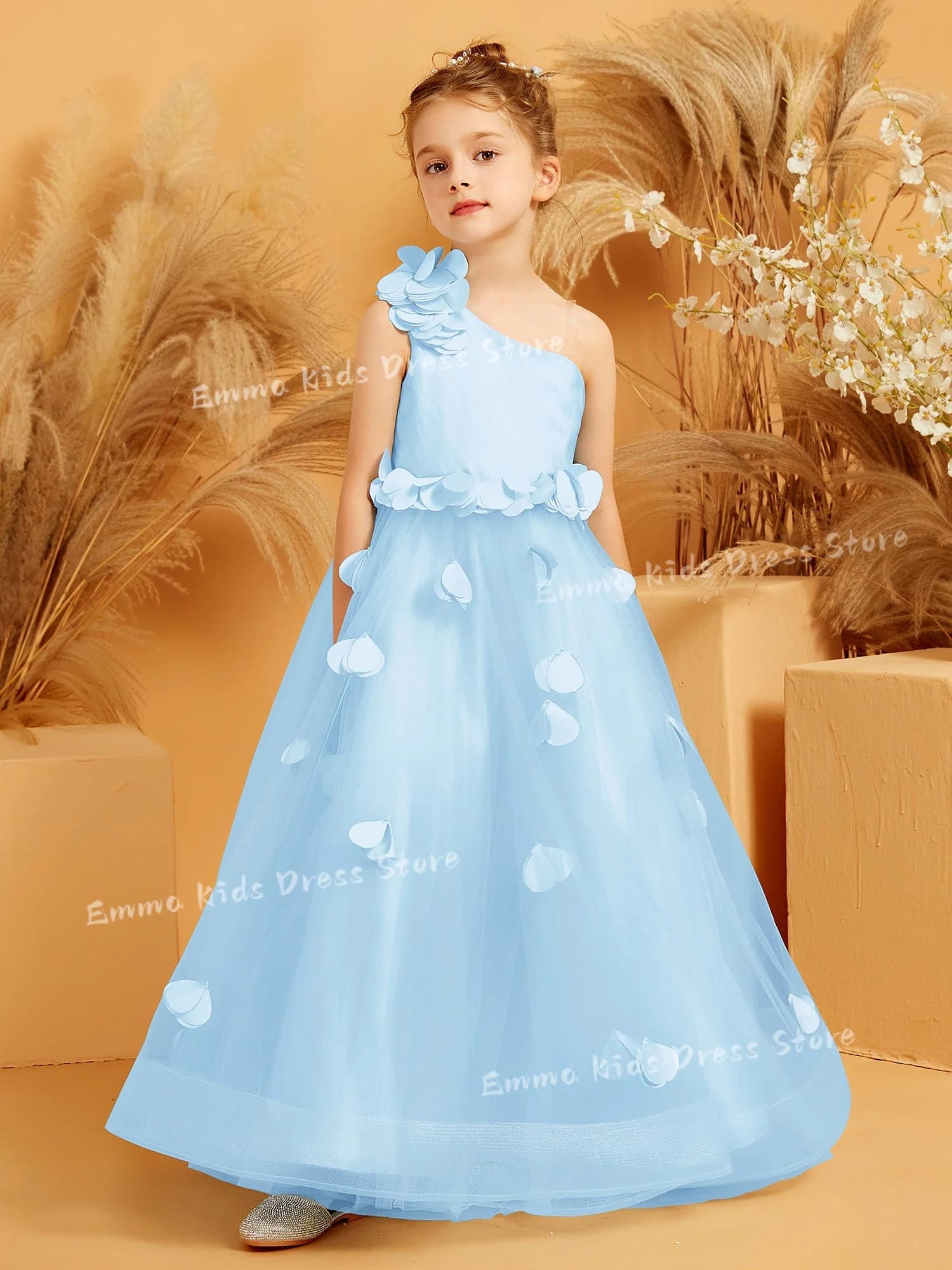 Abito da damigella d'onore DROIS personalizzato, azzurro, monospalla, con applicazioni in pizzo, fiocco, per matrimonio, Prima Comunione, compleanno, festa, ballo di fine anno