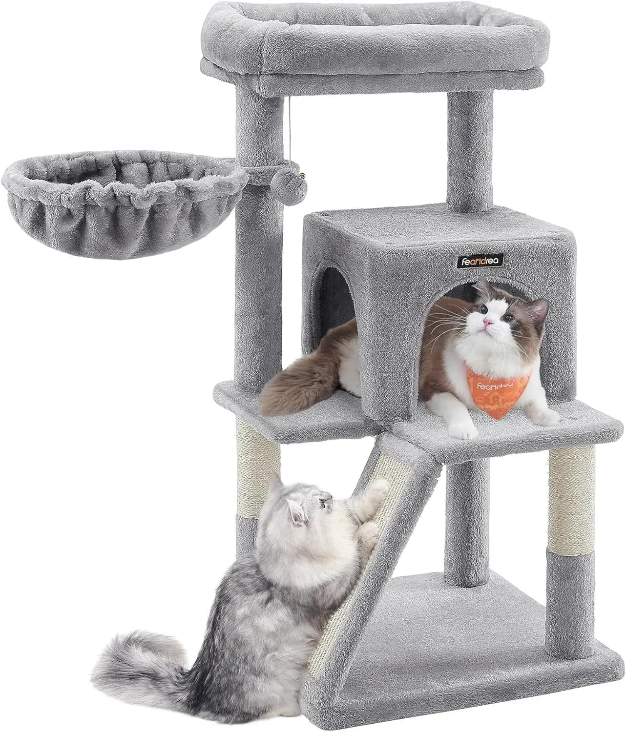 Torre per Gatti da 96 cm con Cuccia Multi-Livello, Soggiorno Allargato, Tiragraffi, Rampa, Grotta, Amaca in Grigio Chiaro