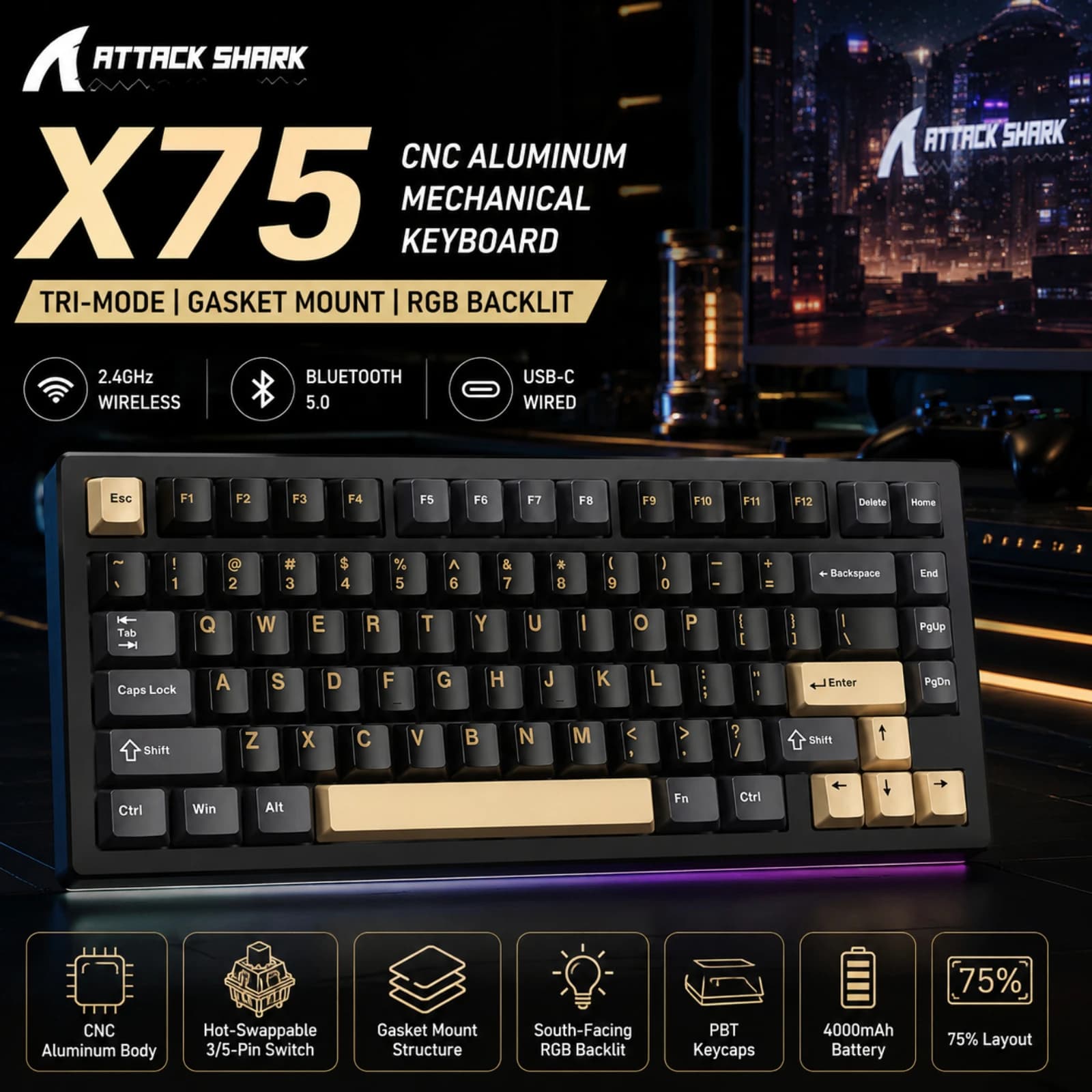 Tastiera Meccanica Wireless ATTACK SHARK X75 75% | Supporto in Alluminio Completo con Guarnizione | VIA e RGB | Intercambiabile a caldo | Batteria da 4000mAh