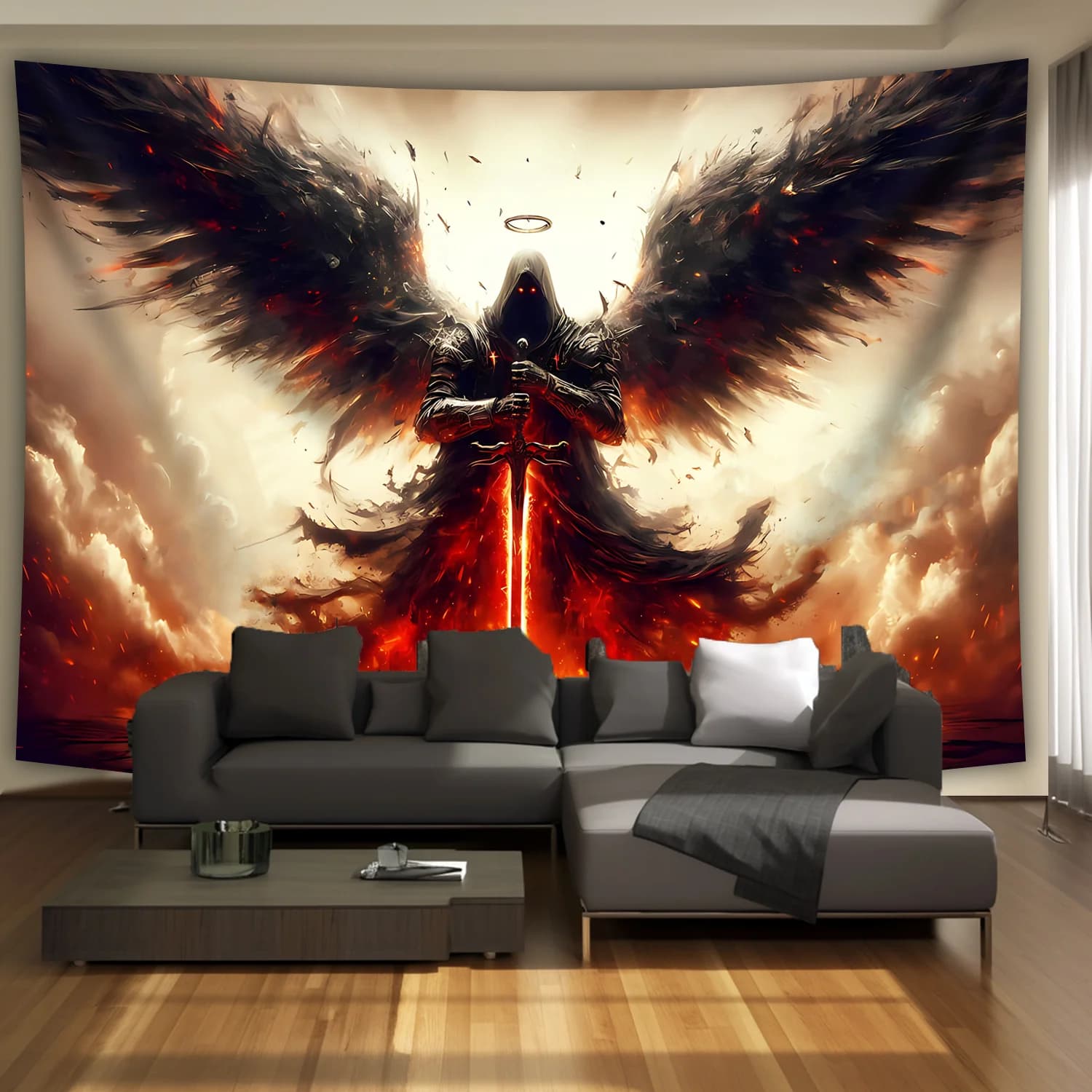 Cinematic Dark Fantasy Angel Wings Fire Tapestry Wall Hanging Room Decor Man Cave Art Poster Print Epic Gothic Decor