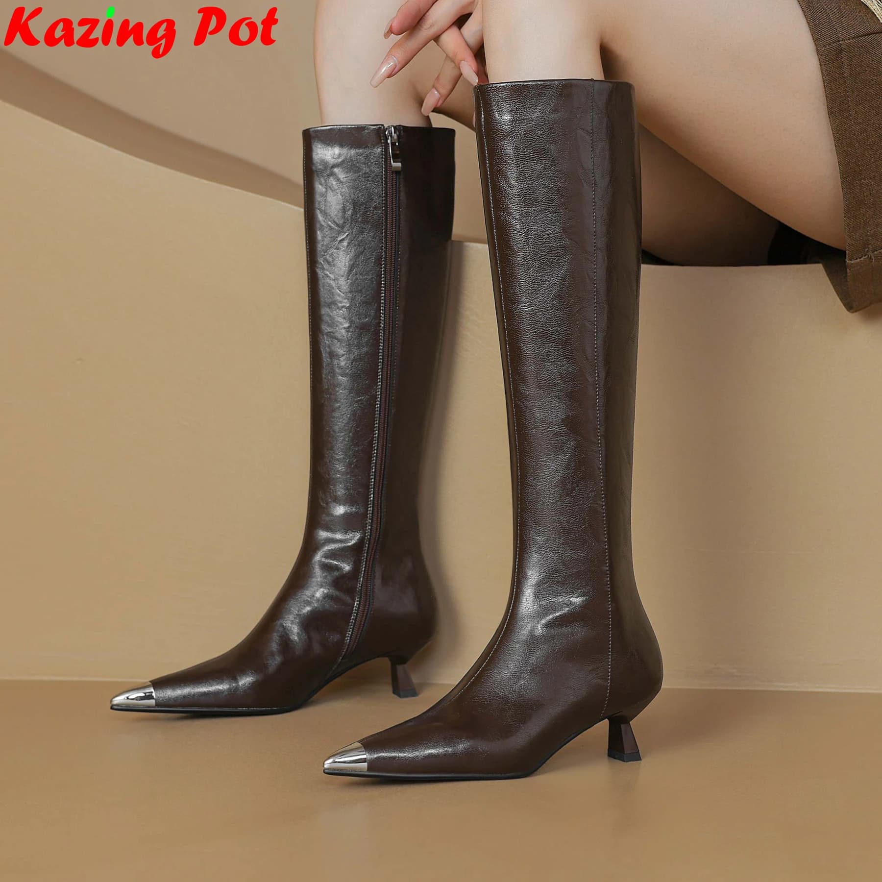 Cow Split Leather Pointed Toe Riding Boots Dating Autumn Winter Shoes Concise Party Plus Size 31-47 Brand Women Knee-high Boots