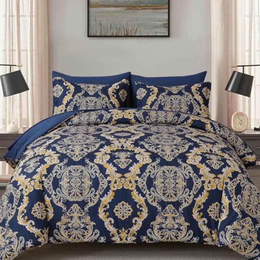 Set Copripiumino 7 Pezzi con Texture Damascata - Set Biancheria da Letto in Microfibra - 1 Copripiumino, 1 Lenzuolo Piatto, 1 Lenzuolo con Angoli