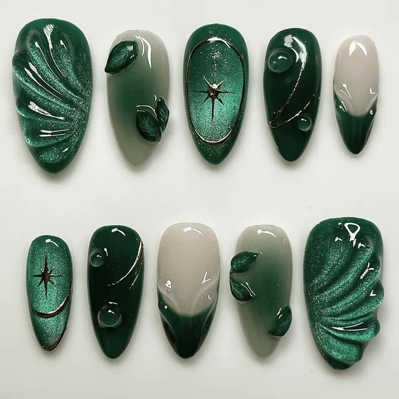 24Pcs Green French Fake Nails Set with Almond Head Design Short Oval Press on False Nails Wearable Oval Cat's Eye Manicure Tips