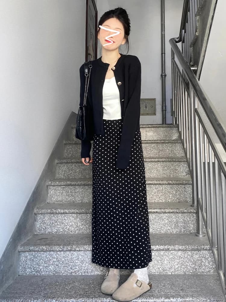 Retro Polka Dot Halter Neck Dress Women's Long Skirt Three-piece Set Sweet Style High Waist Gel Fiber Polyester A-line S...
