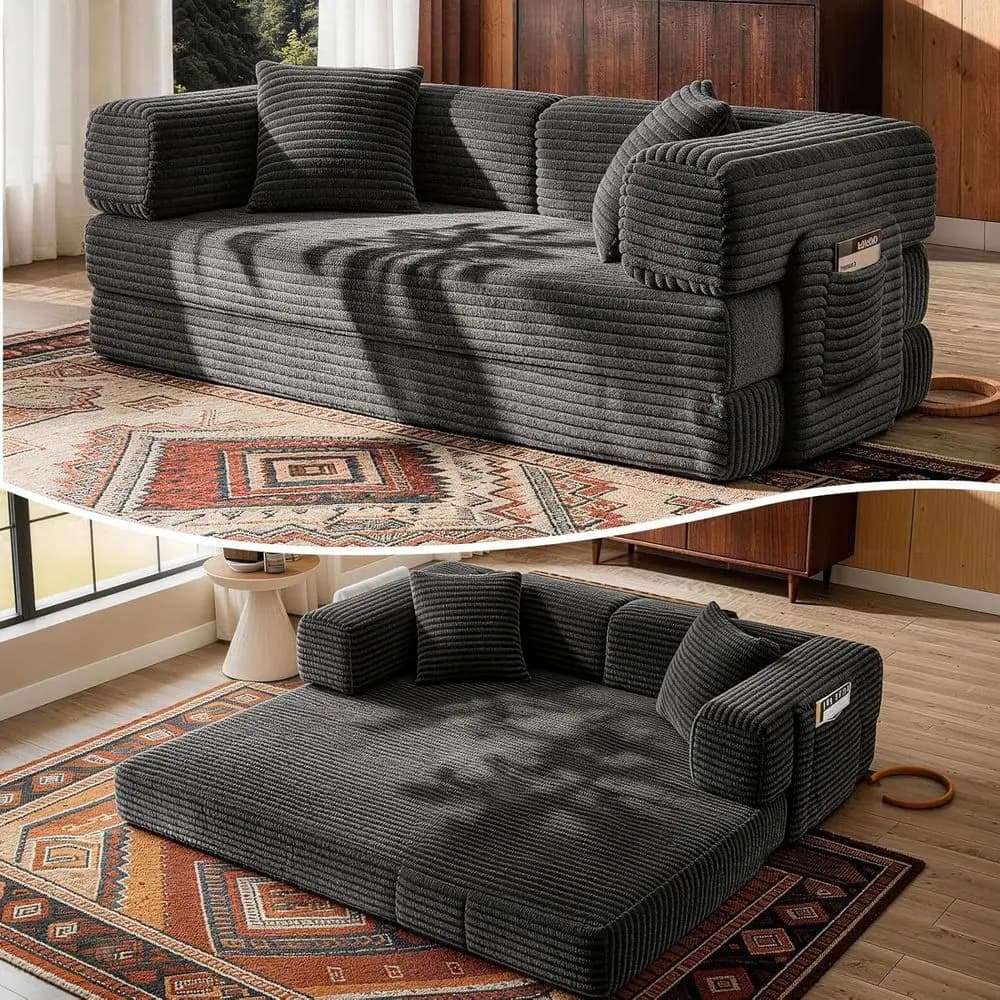 Divano letto 81 con contenitore, divano trasformabile, rivestimento in velluto a coste rimovibile, 2 cuscini (Grigio)