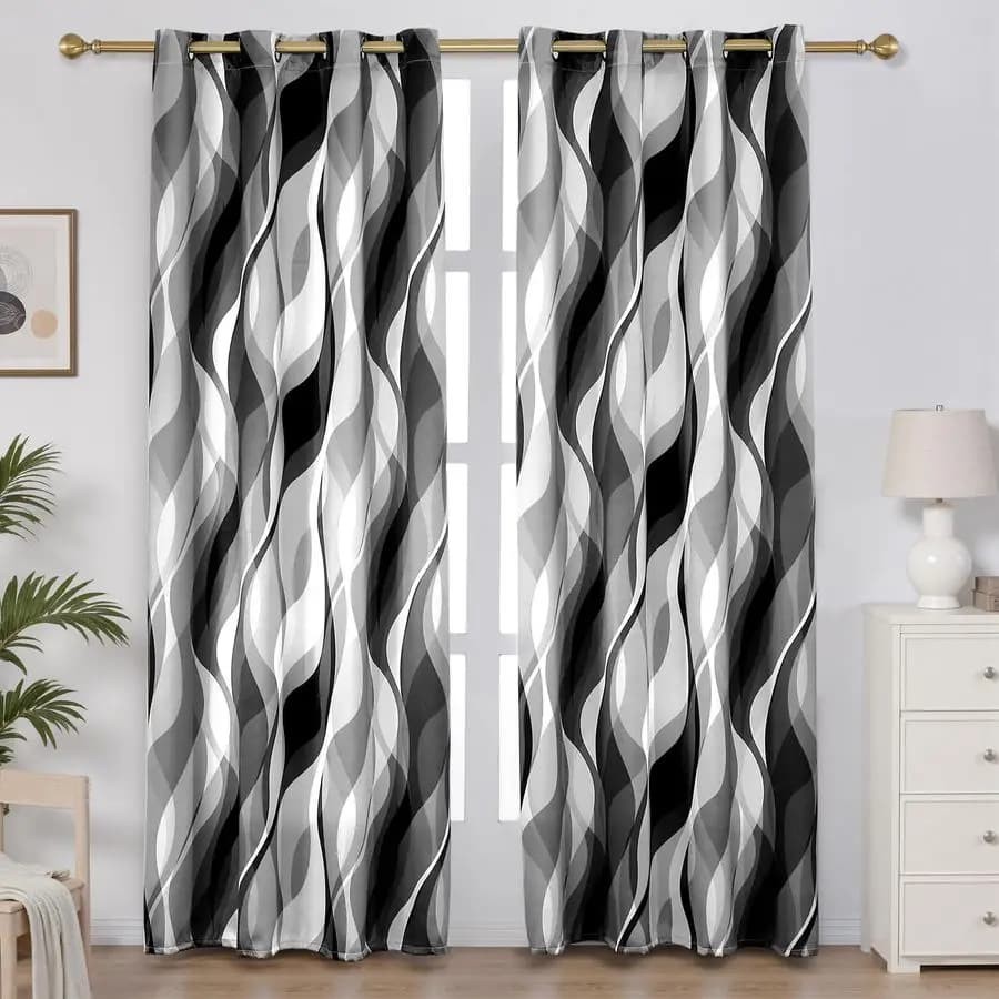 Black and gray curtains Modern grey decorative striped curtain with 50 darkening eyelets blocking light for living room, villa, bedroom