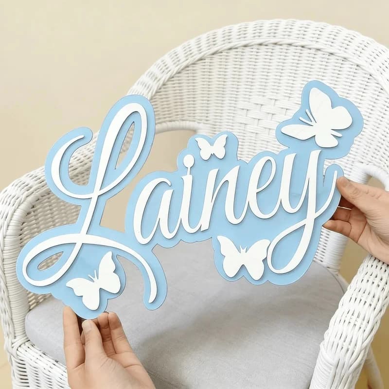 Personalized Baby Name Plaque, Blue Design with White Butterfly, Minimalist Wall Decoration for Kids Nursery