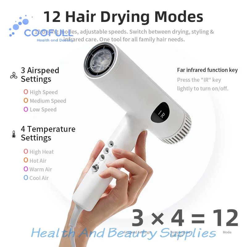 Coofull Brushless High Speed Motor Far Infrared Physiotherapy Salon-Grade Hair Dryer 3-Speed High Power Ionic Heat Protection