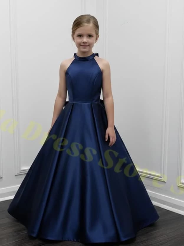Wholesale Blue Satin Children's Beauty Halter Neck Sleeveless Simple A-line Flower Girl Dress Wedding Girl Communion Customized