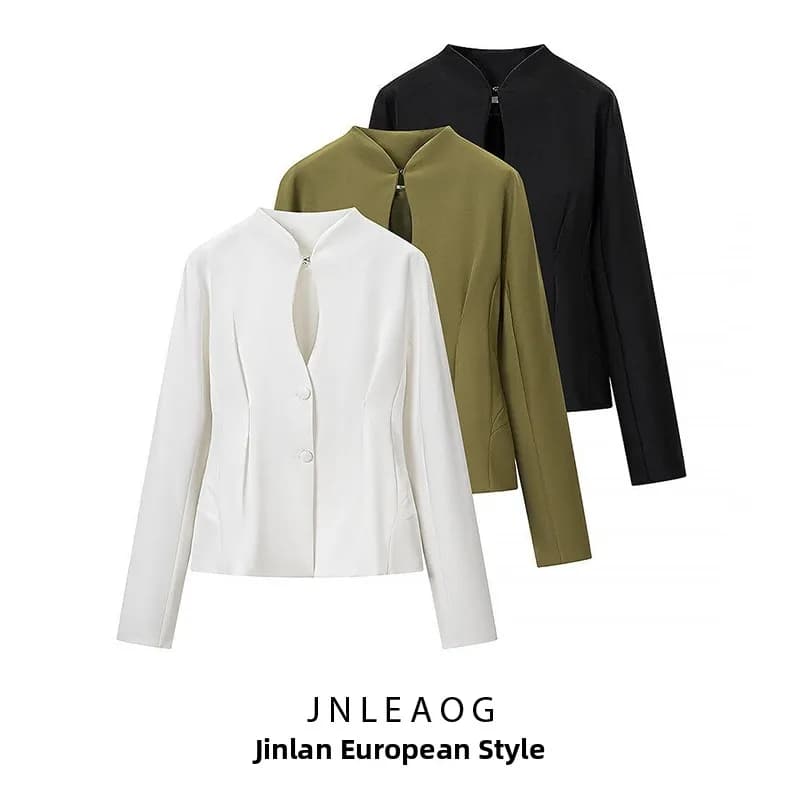 Fashionable Women's Suit Jacket Waist-Cinching Design Long Sleeve Polyester Spring 2026 Single-Button Closure Pure Color