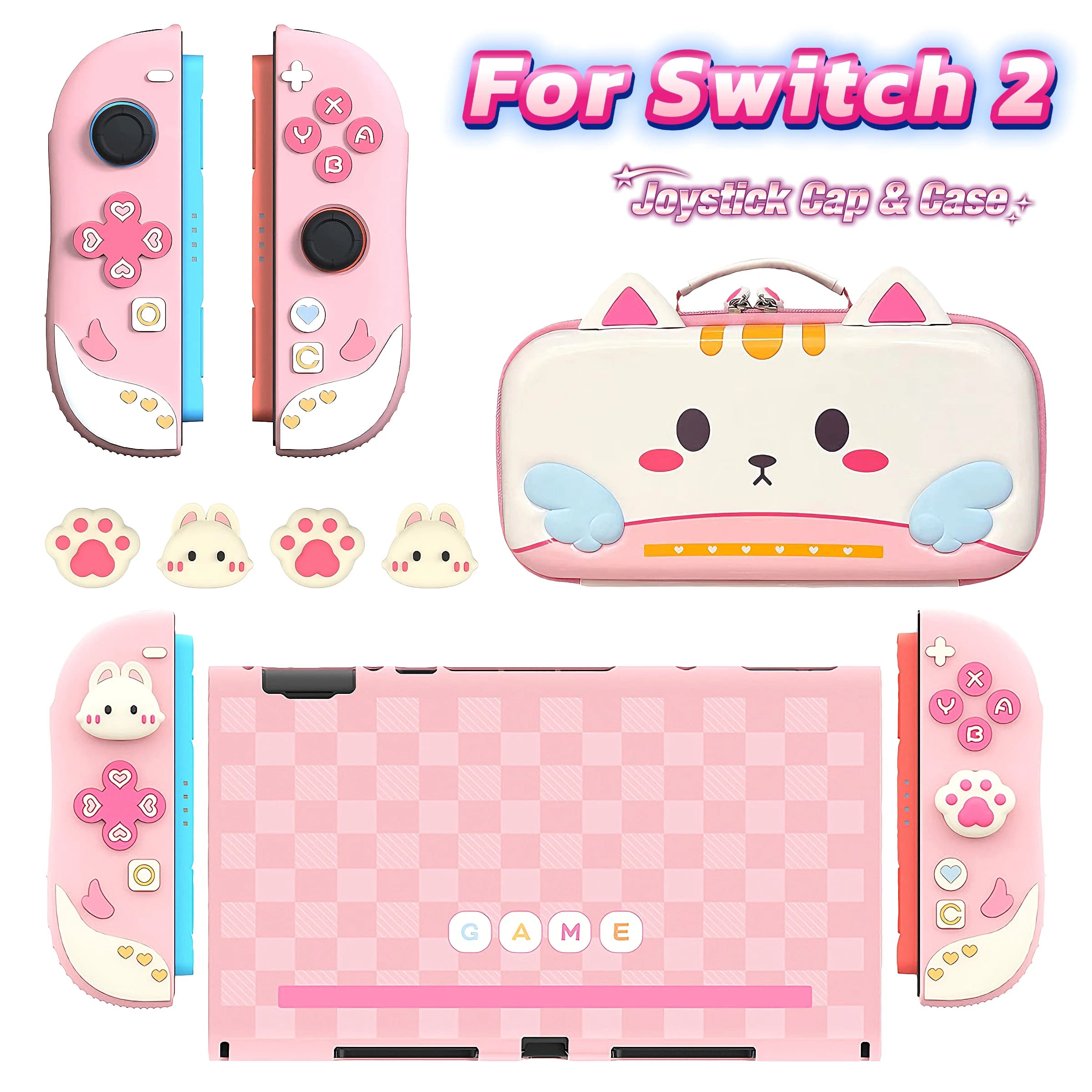 Custodia protettiva Switch 2 Cute Bunny per Switch 2 con manico in silicone lavabile antiurto, cover posteriore rimovibile e custodia