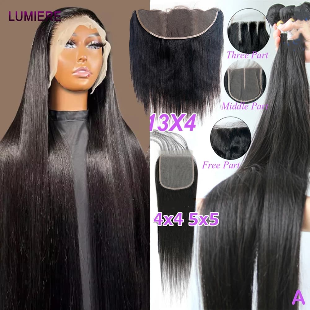 Straight human hair band with raw 30 inch virgin bone with lace closure Hair pattern with front lace closure 3/4 with front lace closure