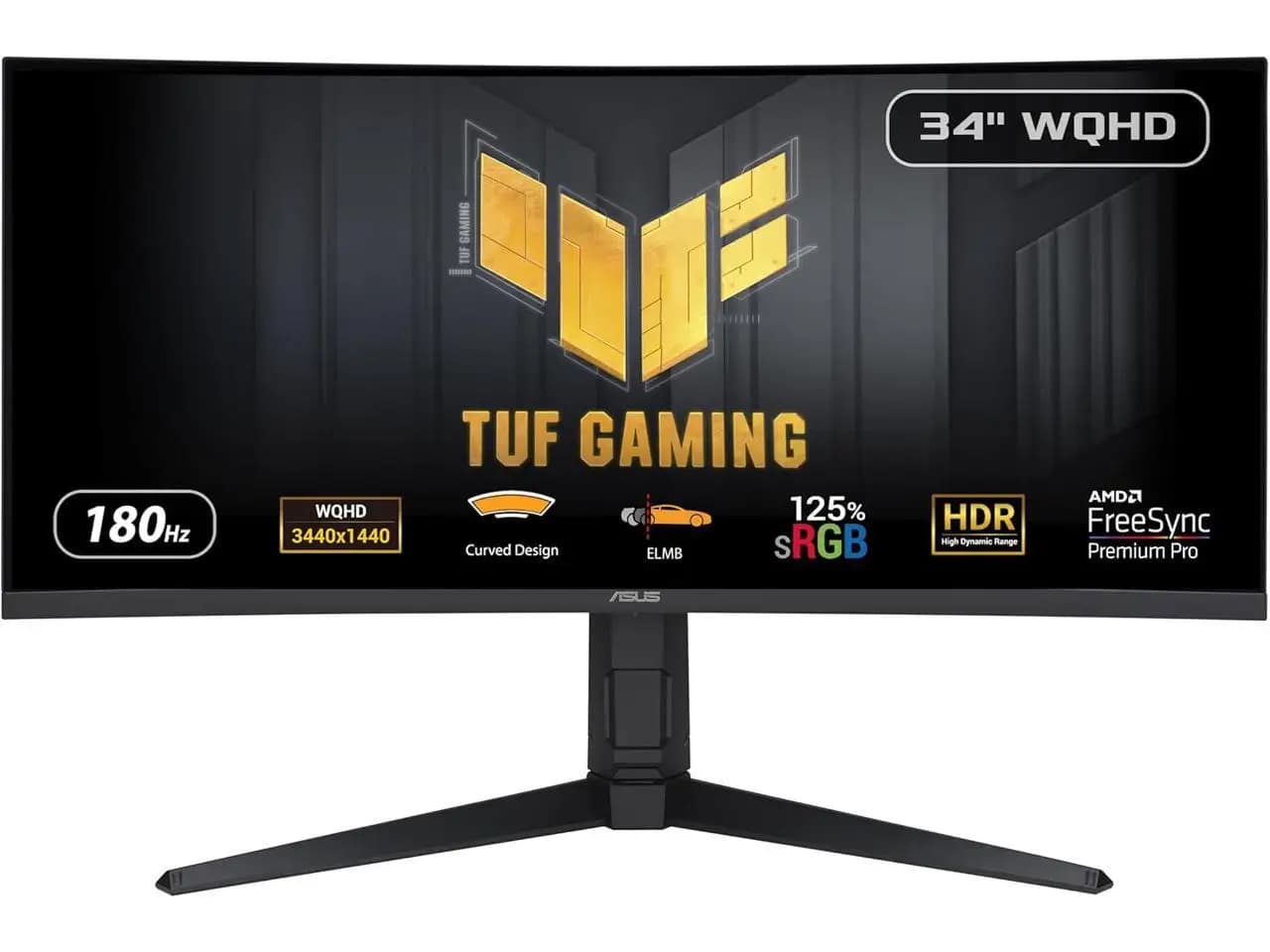 ASUS TUF Gaming 34 inch UltraWide QHD 2K 1440P 180Hz AMD FreeSync Premium Pro (Adaptive Sync) 1ms HDR400 ELMB Curved Gaming Computer Monitor with Height Adjustable, Swivel & Tilt Stand VG34VQL3A