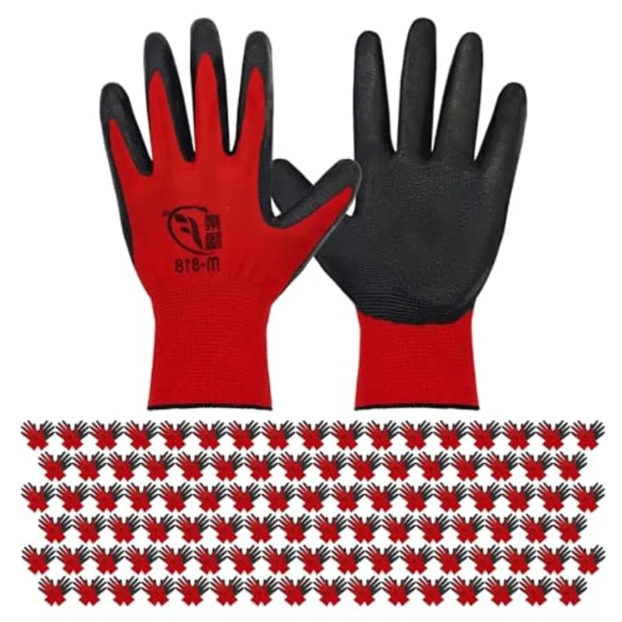 WHEATHUSK 100 Pack Gardening Gloves Bulk for Men Women, Breathable Nitrile Rubber Coated Dipped Gripping Work Gloves for Constr