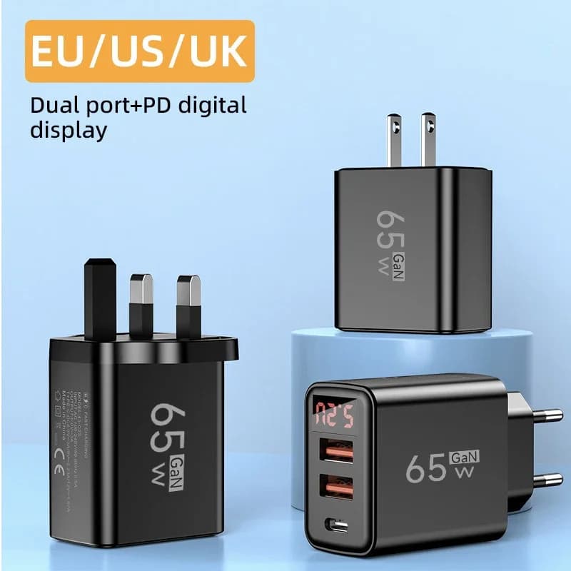 Caricatore USB C da 65 W con display a LED QC3.0 PD Ricarica rapida per iPhone 15 16 Pro Samsung Xiaomi Huawei Adattatore da muro con spina UE/USA/Regno Unito