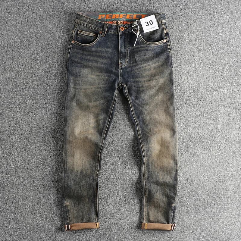 Retro Washed Motorcycle Jeans Men Slim Straight Fit Spring Autumn Versatile Youth Long Pants Cotton Stretch Denim Casual Wear