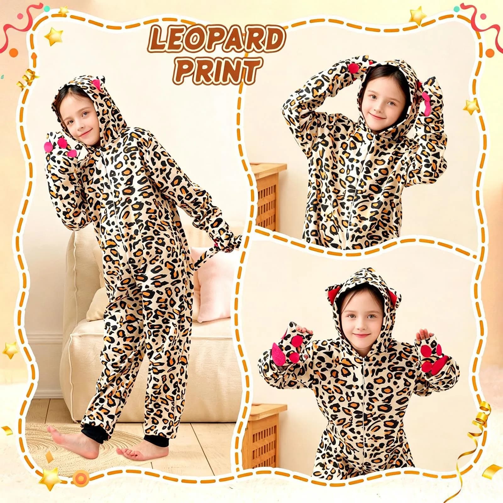 Unisex Boys Girls Tiger Costume Hooded Leopard Print Jumpsuit Faux Tail Bodysuit Gloves Halloween Cosplay Animal Rompers Pajama