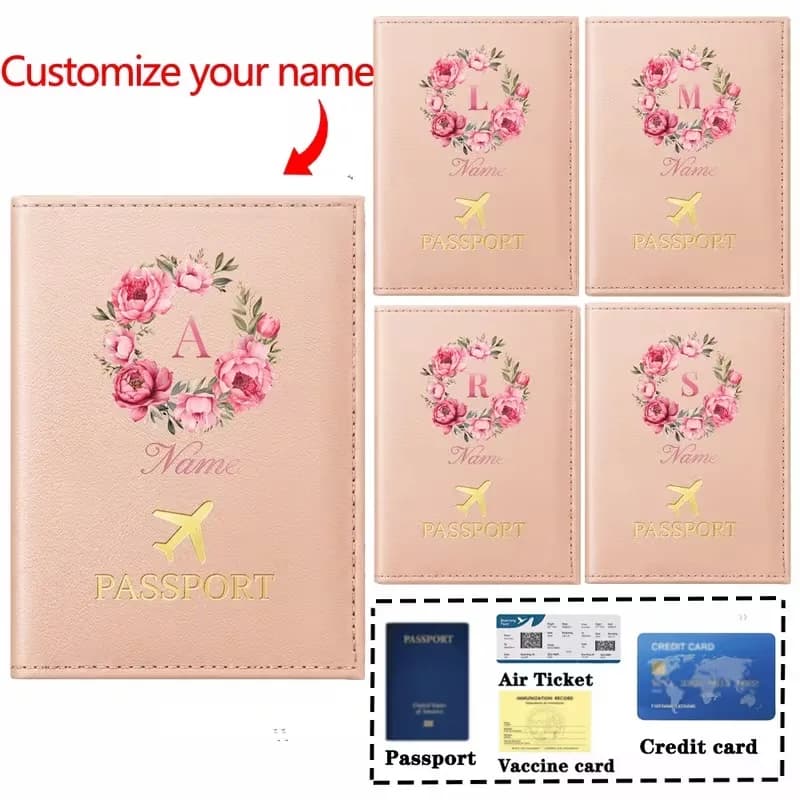 Custom Any Name Passport Cover PU Passport Holder Organizer Custom Floral Letter Printing Passport Wallet Credit Card Holder