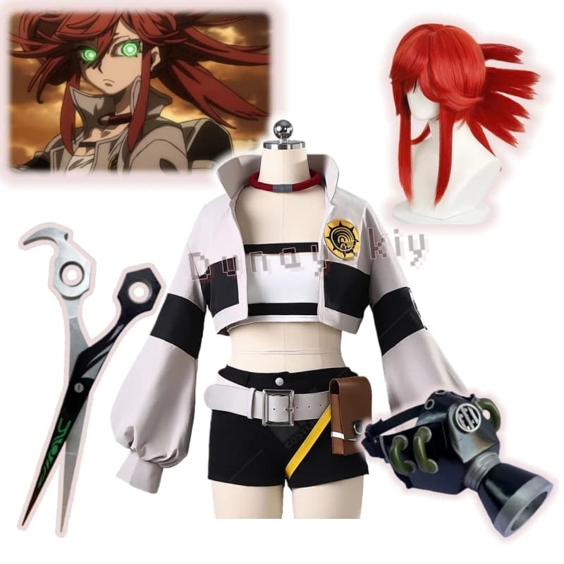 Costume Cosplay Anime GACHIAKUTA Riyo con Parrucca Intrecciata, Maschera, Forbici, Top, Gilet, Uniforme Corta per Halloween e Feste in Maschera per Donne