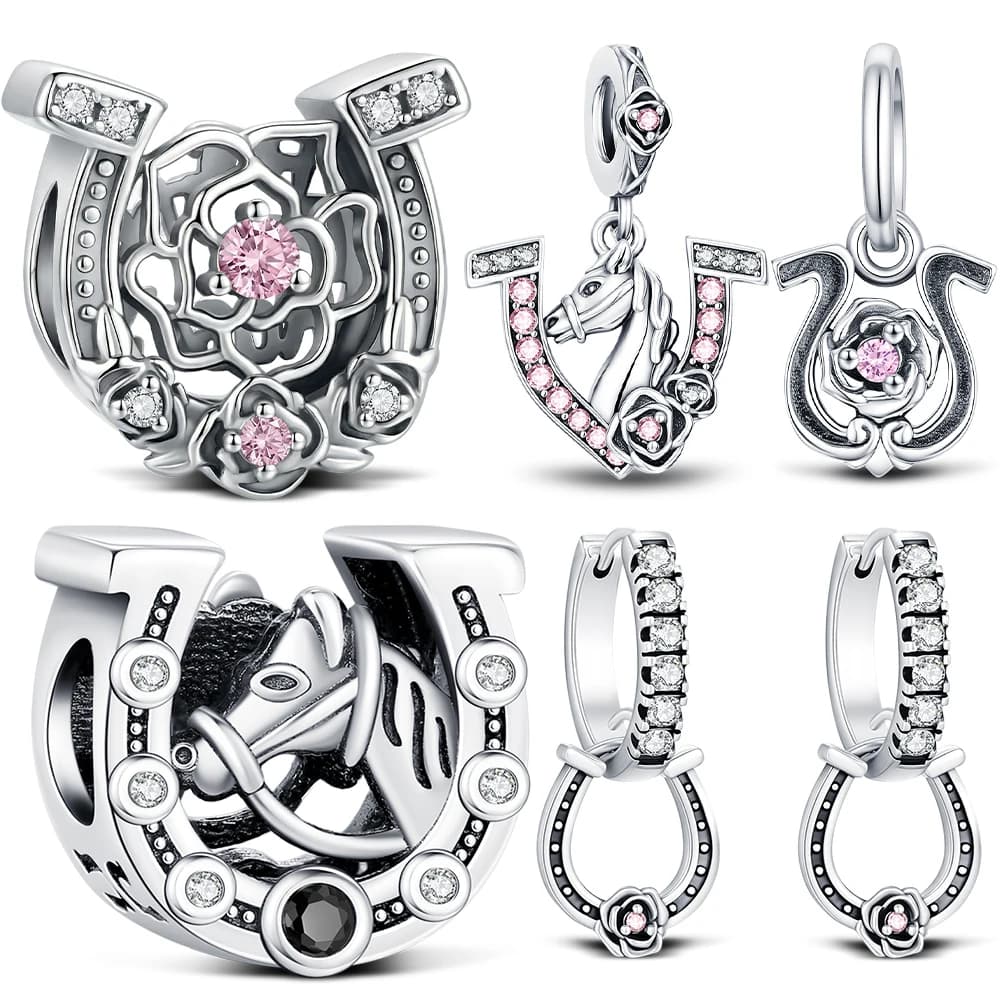 Ciondolo in argento sterling 925 con ciondolo a forma di rosa a ferro di cavallo, orecchino a cerchio, creazione di gioielli per bracciale, regalo festival fai da te alla moda da donna