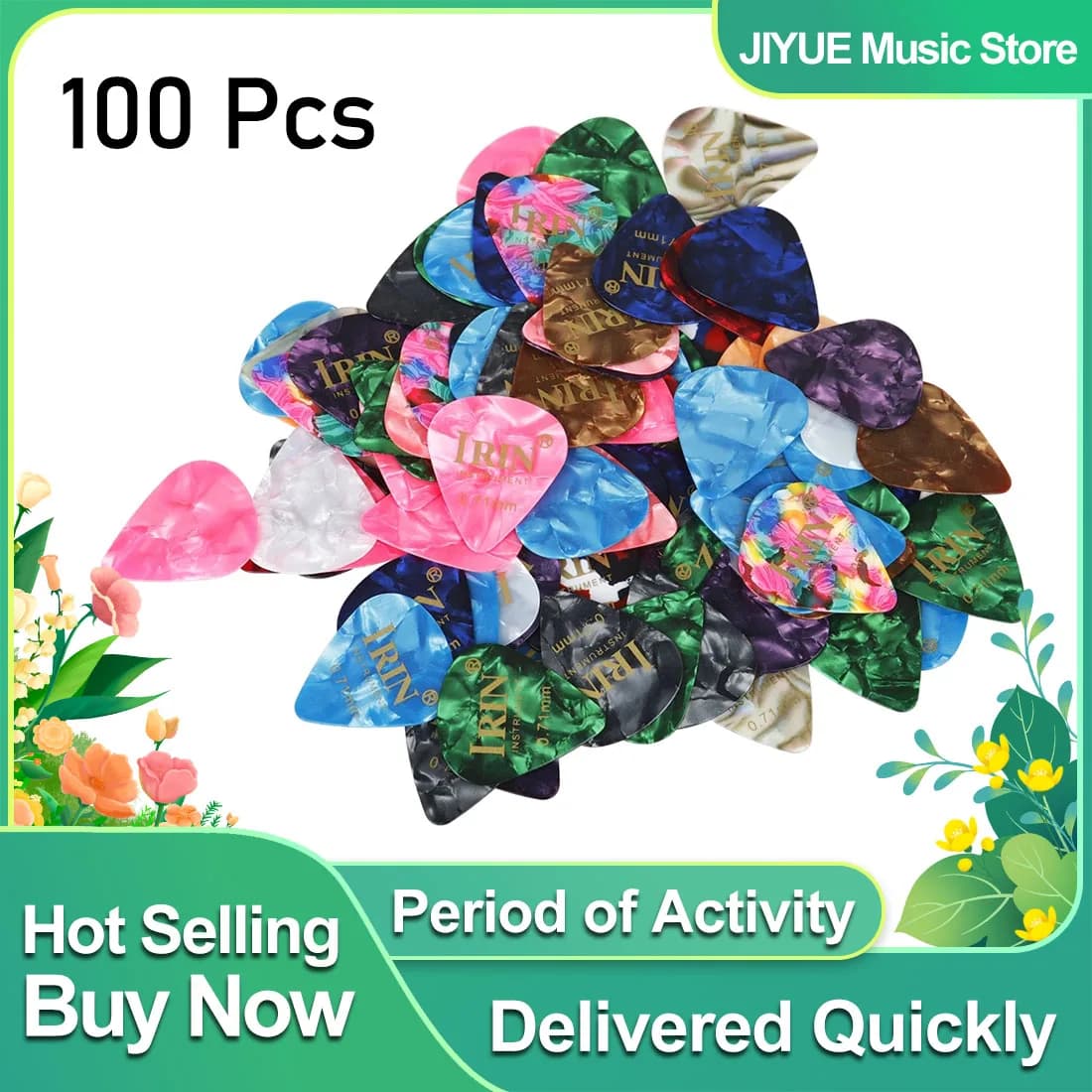 IRIN 100 Pezzi Plettri per Chitarra in Celluloide 0,71mm Colorati Professionali per Ukulele, Chitarra Elettrica e Basso, Accessori per Strumenti Musicali