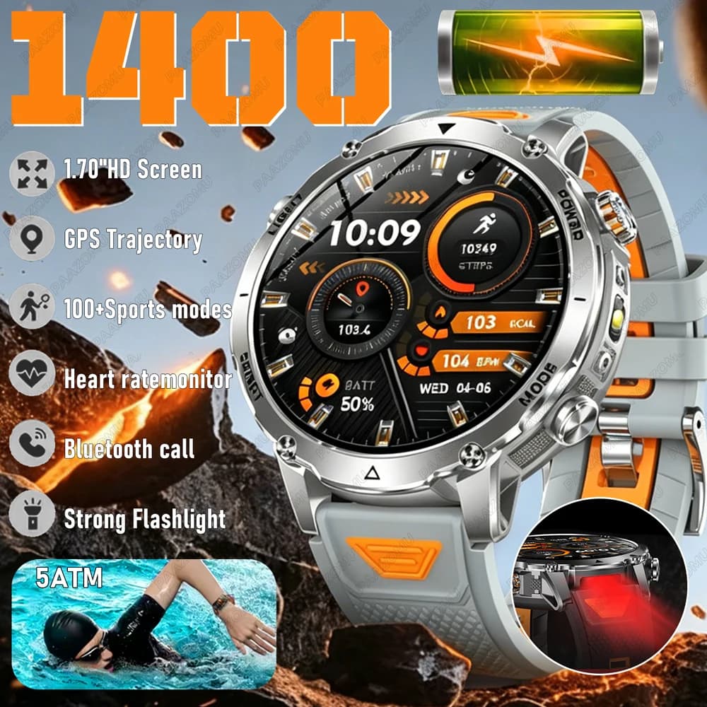 Nuovo Smartwatch Militare 2026 con Batteria da 1400mAh, Impermeabile 5ATM, Torcia, Cardiofrequenzimetro, Tracker Sportivo, Smartwatch da Uomo T-Rex 3 Ultra