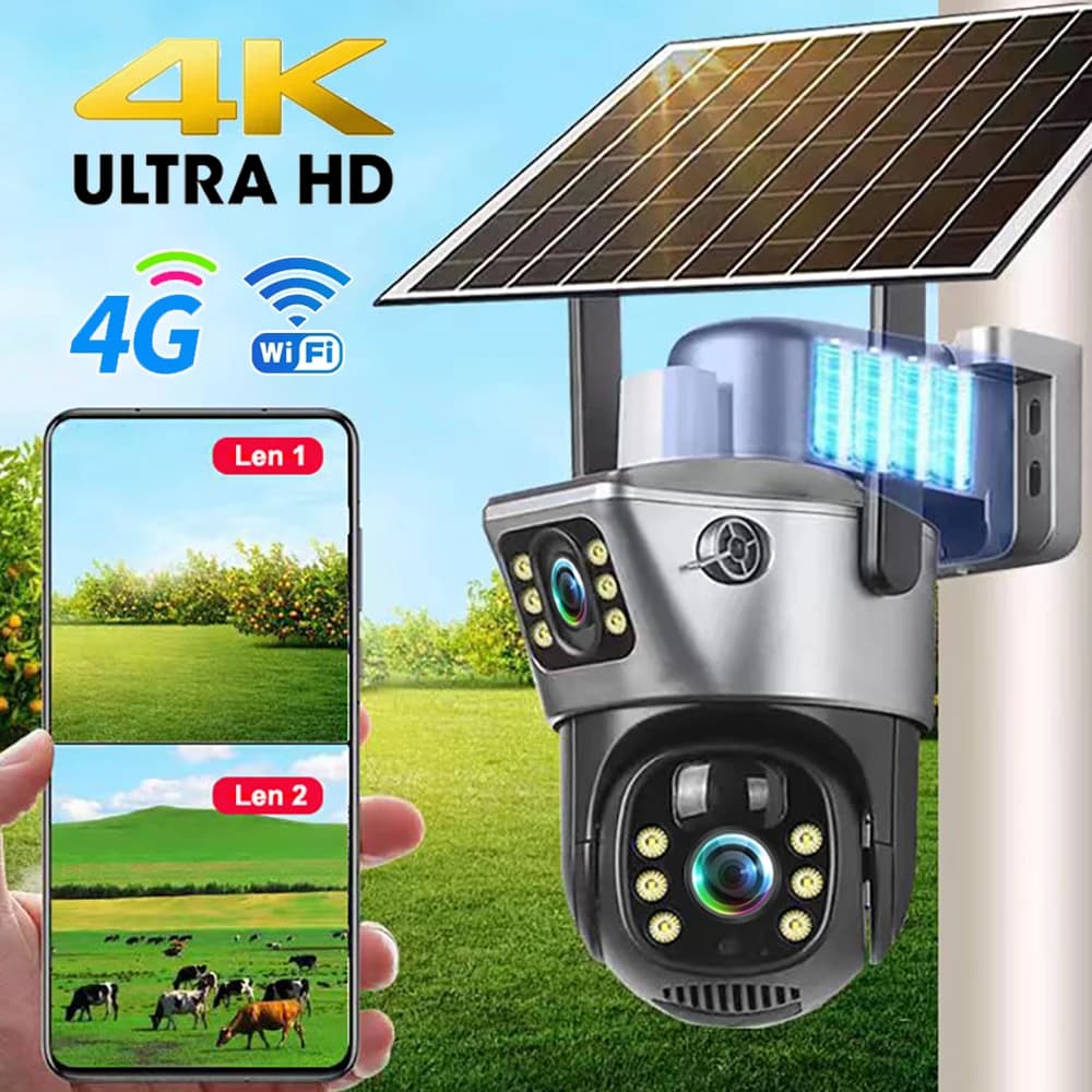4G Sim Card Dual Lens Solar Camera External 8MP 4K Low Power Battery IP Camera PIR Night Vision V380 Pro CCTV Security Protection